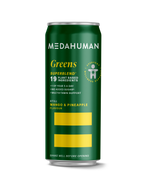 Green can of Medahuman Greens on a white background